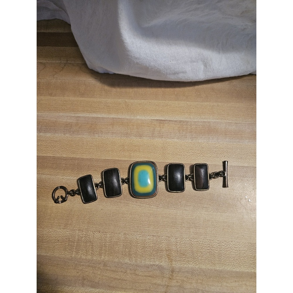 Lucky Brand Bracelet Green And Yellow And Wood Floral Design On Back